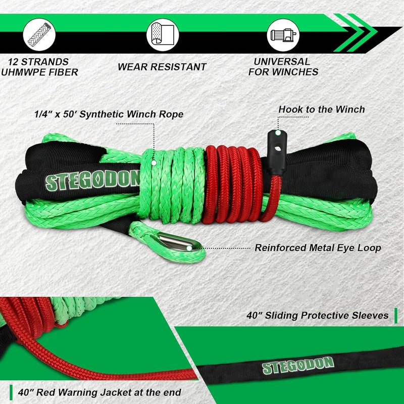 STEGODON 1/4 inch X 50 ft Synthetic Winch Rope Kit,10000 LBS Winch Line Cable with Protective Sleeve+Winch Hook+Safety Pull Strap for Off Road Vehicle ATV UTV（Green） - Image 2